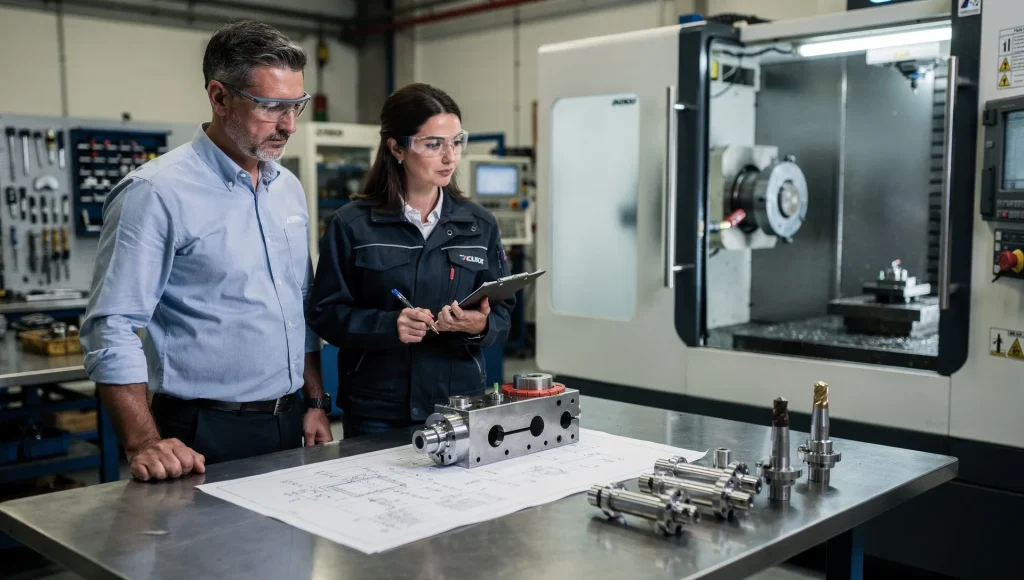 Tecnico e responsabile di produzione controllano un utensile speciale a disegno in officina meccanica accanto a una macchina CNC
