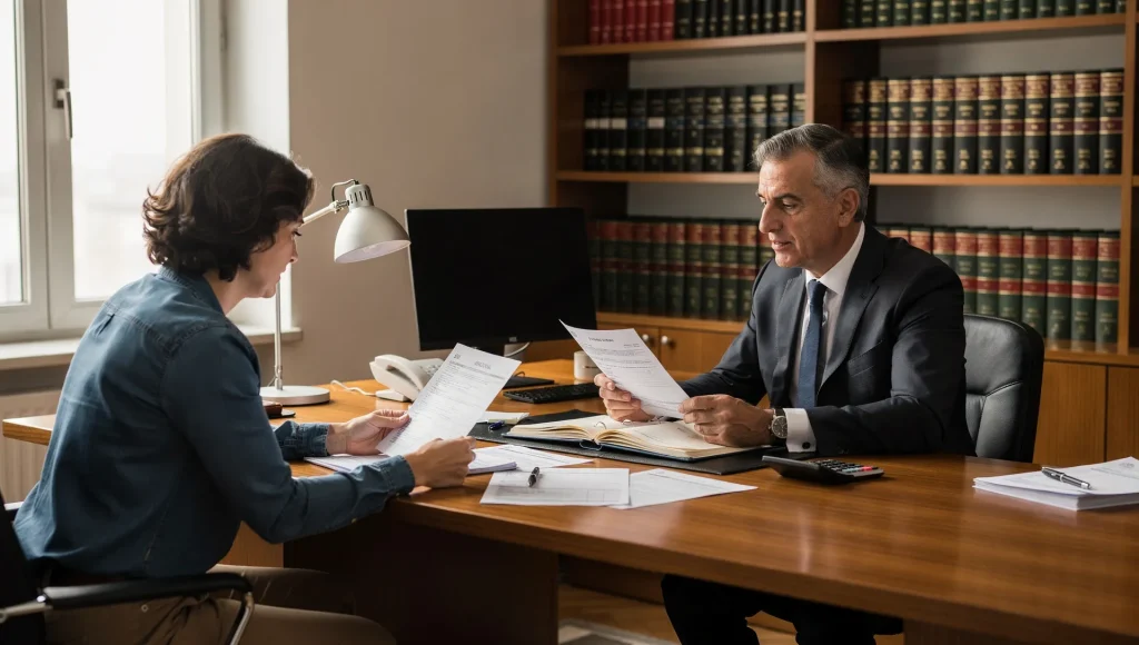 Avvocato e cliente in uno studio legale mentre controllano documenti fiscali per una domanda di gratuito patrocinio