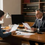 Avvocato e cliente in uno studio legale mentre controllano documenti fiscali per una domanda di gratuito patrocinio
