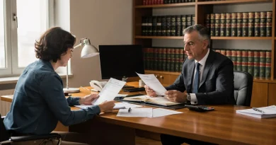 Avvocato e cliente in uno studio legale mentre controllano documenti fiscali per una domanda di gratuito patrocinio