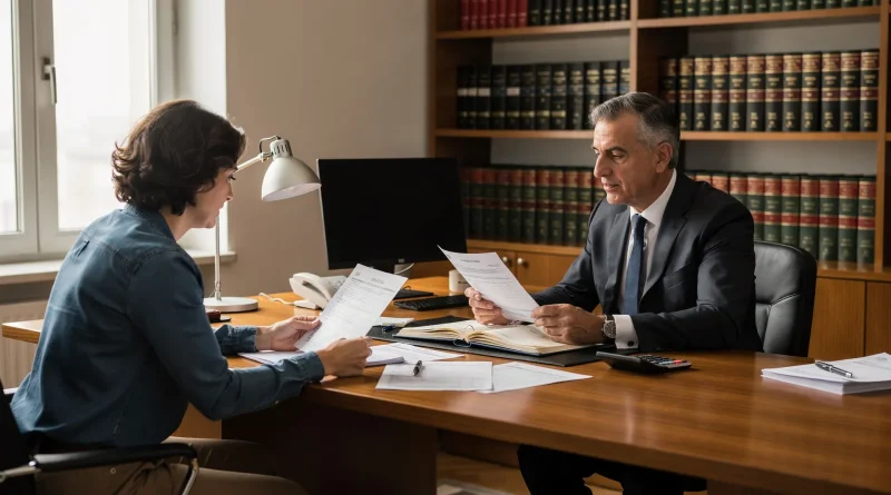 Avvocato e cliente in uno studio legale mentre controllano documenti fiscali per una domanda di gratuito patrocinio